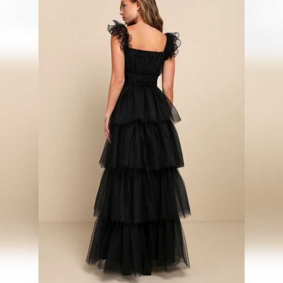 NWT Lulus Tulle For Love Black Mesh Tulle Tiered Ruffled Maxi Dress - Picture 2 of 12